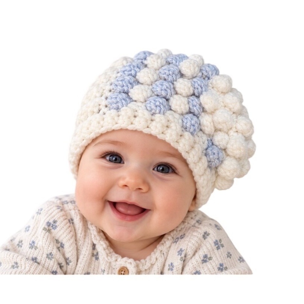 Handmade Crochet Popcorn Stitch baby Beanie Hat Light Blue White Textured Soft